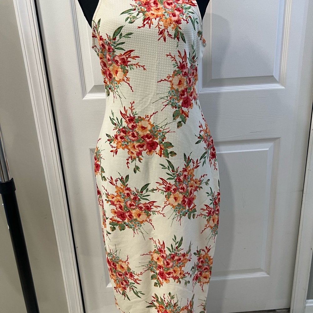Love J Floral Midi Dress in Red and Green on Cream